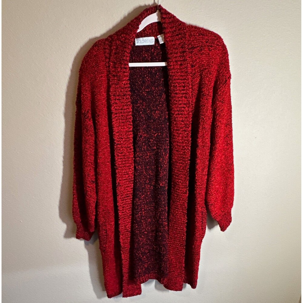 Color Cues Women’s Cardigan Sweater Red Marled Knit Open Front Shawl Collar